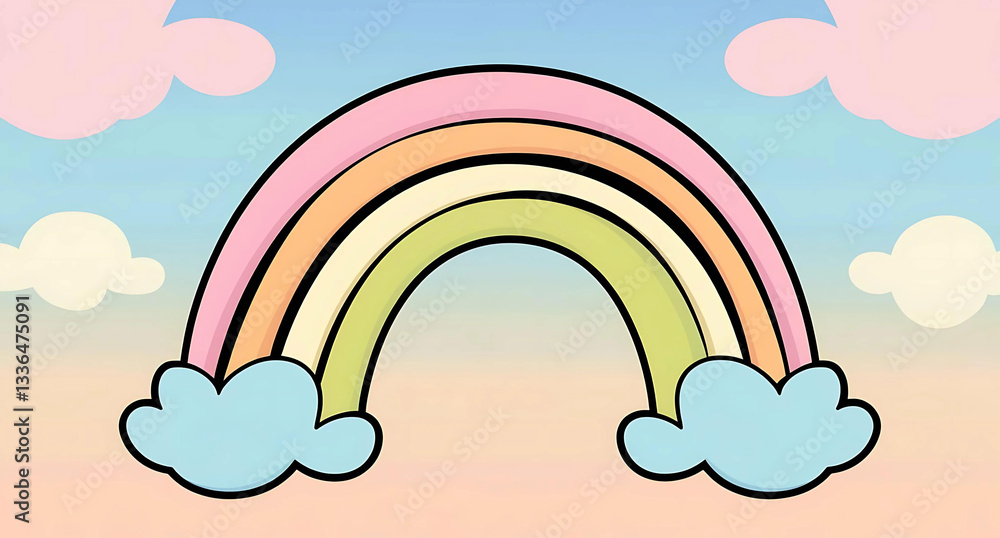 A colorful rainbow in the summer sky with fluffy white clouds, a bright illustration of nature's weather art A colorful rainbow in the summer sky with fluffy white clouds, a bright illustration of nature's weather art