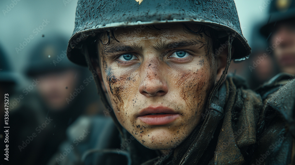 Young soldier expressing determination during battle scene Young soldier expressing determination during battle scene