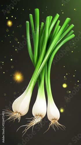 Close-up of Fresh Spring Onions with Roots, Vibrant Green Stalks and White Bulbs, Perfect for Healthy Dishes