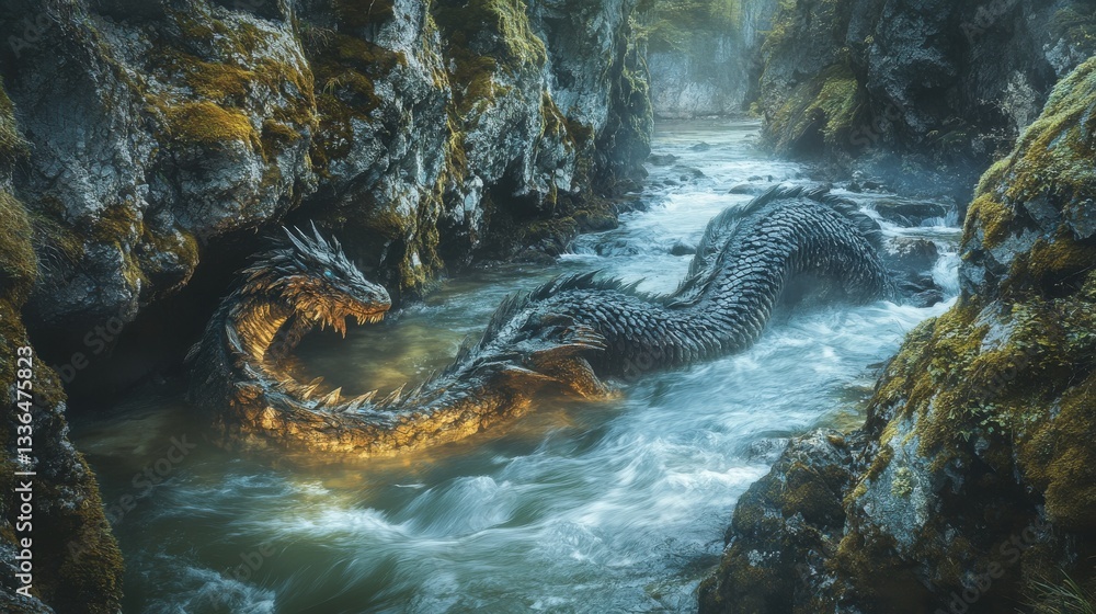 Fototapeta premium A large serpentine dragon is in a rushing mountain stream