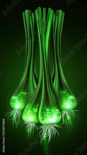 High quality illustration of Abstract scallions with glowing highlights in green, modern and polished --chaos 10 --ar 9:16 --style raw --stylize 10 --v 6.1 Job ID: 9c84658d-525b-4719-be52-2f5e79062f2c