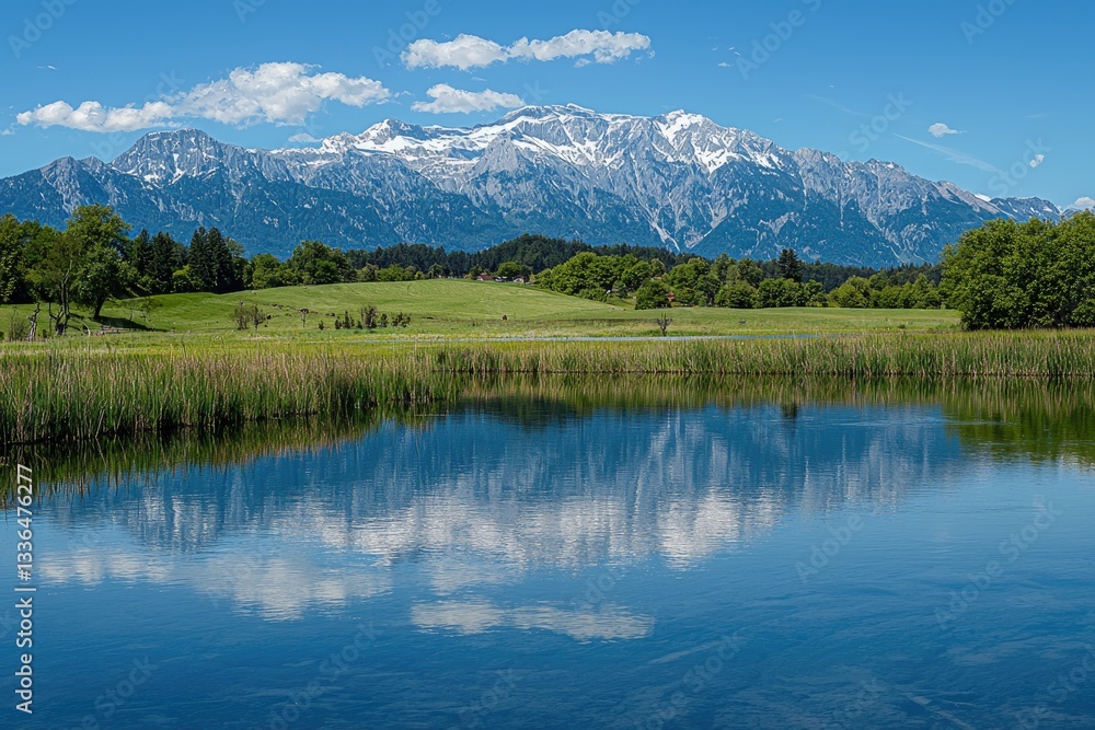 A beautiful mountain range reflected in a calm body of water A beautiful mountain range reflected in a calm body of water
