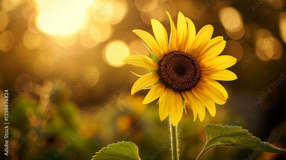 Naklejka premium Full version of a wild sunflower (Helianthus annuus), bright golden petals with a rich dark center