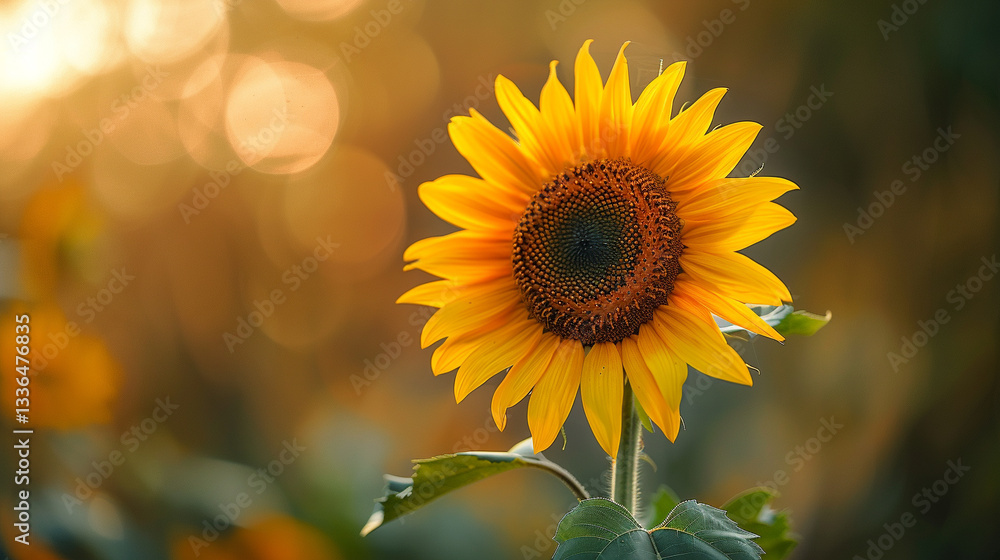 Fototapeta premium Full version of a wild sunflower (Helianthus annuus), bright golden petals with a rich dark center