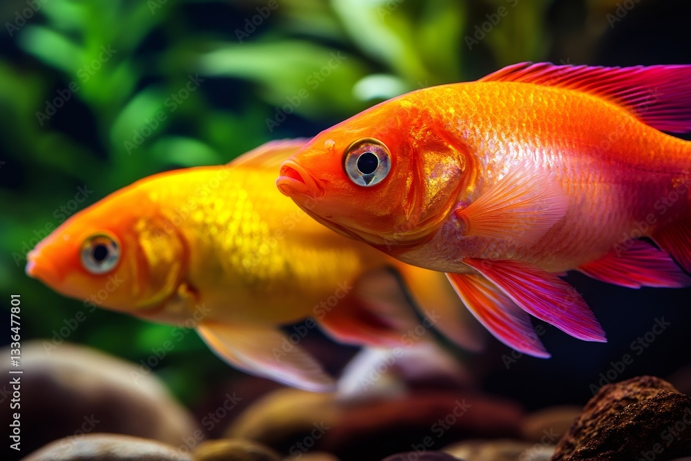 Two goldfish swimming in aquarium with green plants Two goldfish swimming in aquarium with green plants