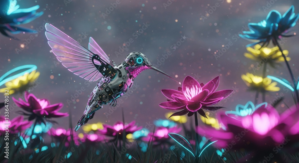 Robotic Hummingbird Pollinating Neon Flowers Robotic Hummingbird Pollinating Neon Flowers