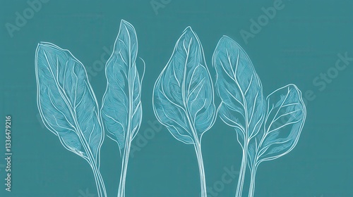 High quality illustration Minimalist line drawing of spinach leaves in blue, elegant and modern