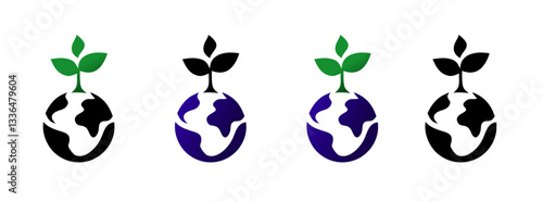 Earth globe with growing plants, represents environmental sustainability concept, black, blue and green designs vector set