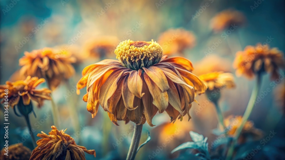 Macro photography captures a wilting marigold's ephemeral beauty, its tilt-shift effect highlighting delicate decay. Macro photography captures a wilting marigold's ephemeral beauty, its tilt-shift effect highlighting delicate decay.