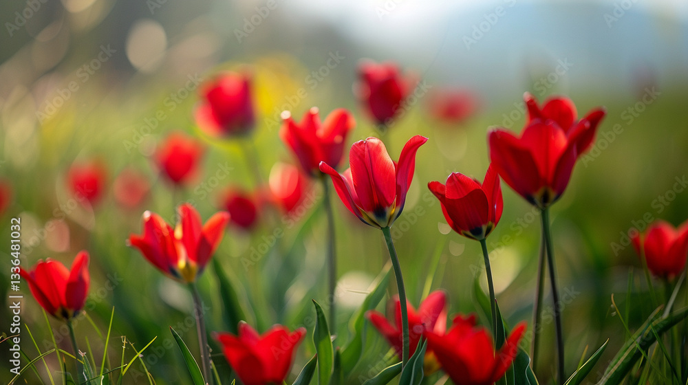 Naklejka premium Wide shot of a patch of wild tulips, red and yellow blooms standing out in a green meadow