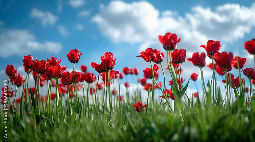 Obraz premium Wide shot of a patch of wild tulips, red and yellow blooms standing out in a green meadow