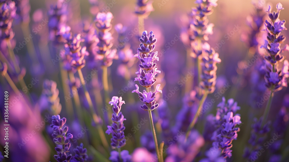 Fototapeta premium Wide shot of a purple lavender field, a sea of fragrant blossoms under golden-hour light