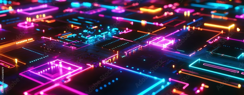 Obraz premium electronic components Futuristic neon circuit board design.