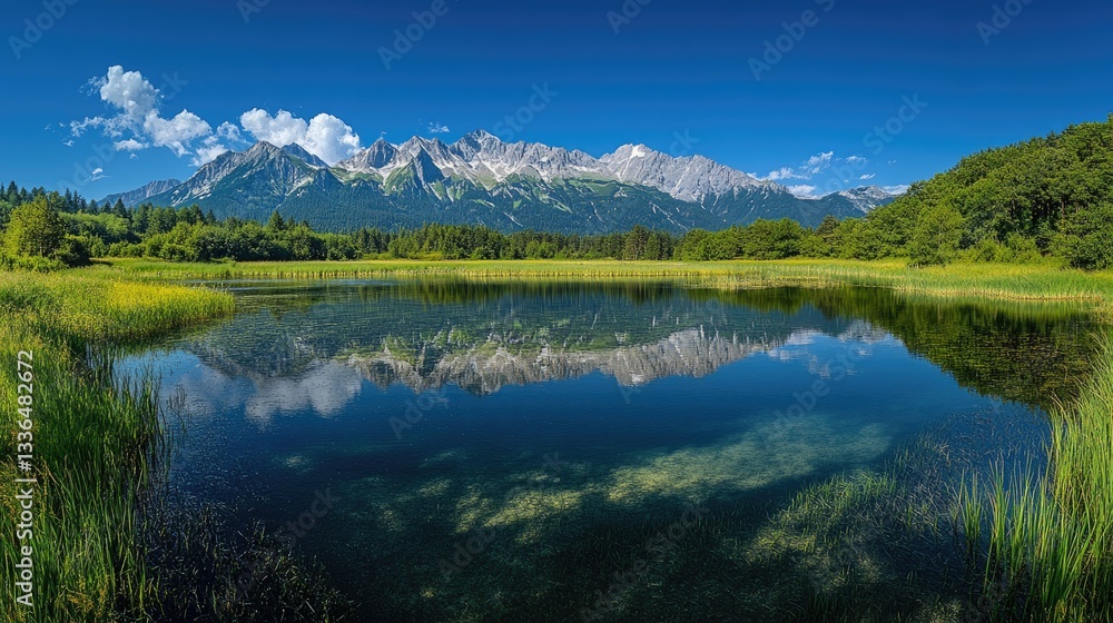 Majestic mountains reflect in tranquil waters of a lake scene Majestic mountains reflect in tranquil waters of a lake scene