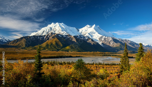 Mount McKinley stands tall in Alaska, with its snow capped summits glistening under a bright blue sky. The foreground features colorful autumn foliage, creating a striking contrast with the rugged mou photo