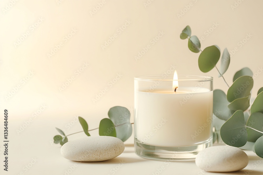 Lit Candle with Stones and Eucalyptus Sprigs Lit Candle with Stones and Eucalyptus Sprigs