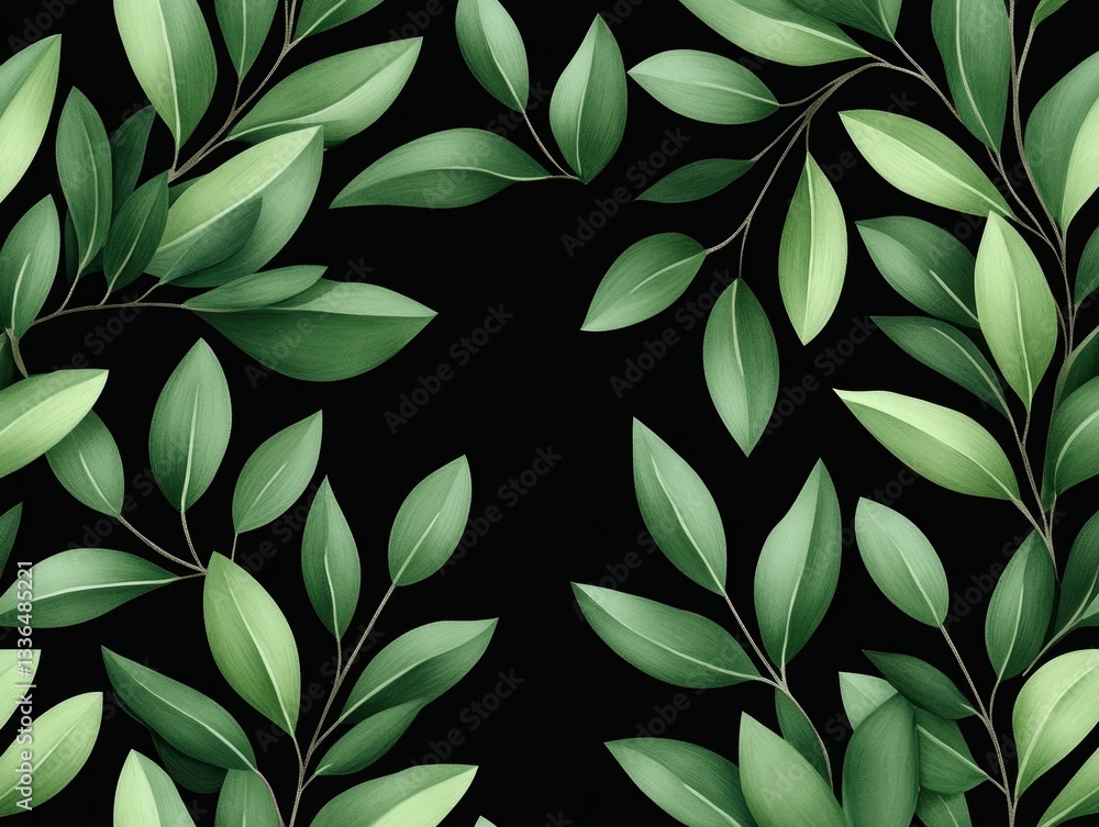 Lush Green Leaves Frame on Black Background for Nature-Themed Designs Lush Green Leaves Frame on Black Background for Nature-Themed Designs
