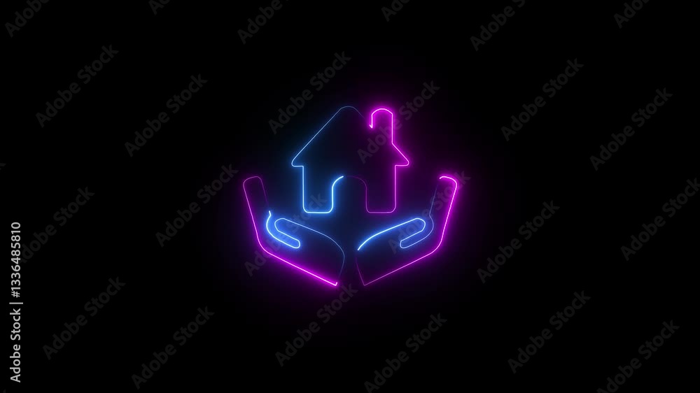 Neon Home and Support Icon animation, Glowing Orange Hand with Home for Technical Assistance and Configuration Design. Animated Home icon with a glowing neon effect Neon Home and Support Icon animation, Glowing Orange Hand with Home for Technical Assistance and Configuration Design. Animated Home icon with a glowing neon effect