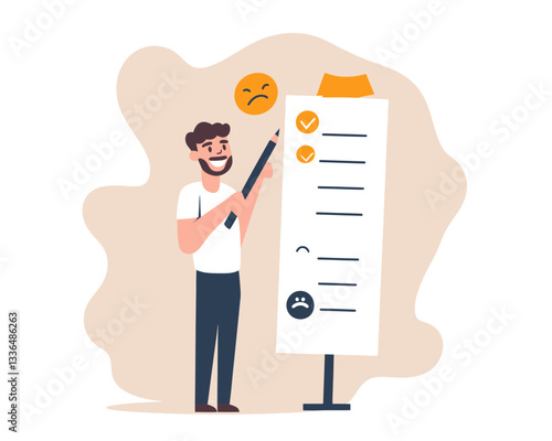 Customer Experience Rating Concept, Man Giving Feedback with Happy, Neutral, and Angry Faces, Flat Minimalist SVG Vector