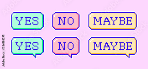 Pixel art buttons and speech bubbles. Colorful pixelated elements with text Yes, No, Maybe. Vector illustration