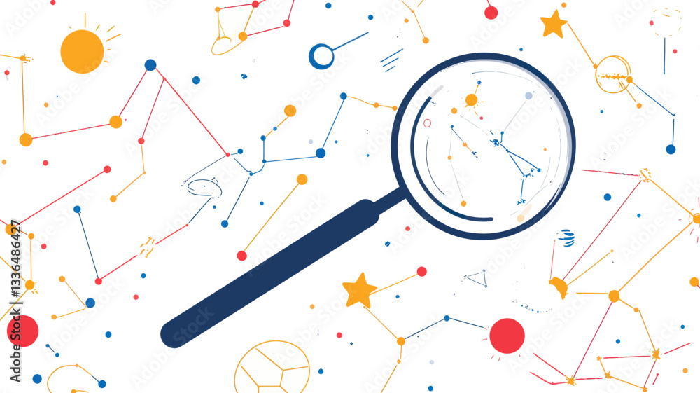 Obraz premium Abstract Line Art Magnifying Glass with Starry Sky and Universe Background Vector Illustration, Concept of Search, Exploration, and Discovery in Space, Modern Minimalistic Business Graphic Design