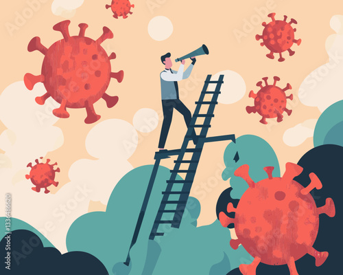 Business Vision in the New Normal: Leader with Telescope on Ladder Above Coronavirus Pathogen Representing Financial Crisis and Economic Recession After COVID-19 Pandemic, Flat Minimalist SVG Vector