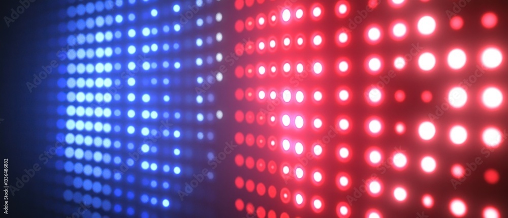 Rows of blue and red illuminated dots displayed on a dark surface Rows of blue and red illuminated dots displayed on a dark surface