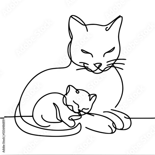 one line vector outline drawing of cat and kitten sleeping next to each other