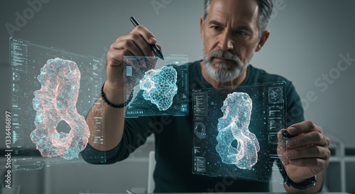 Senior Male Scientist Analyzing 3D Holographic Data on Futuristic Interface