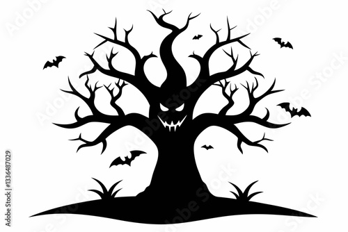 halloween tree line art silhouette vector illustration