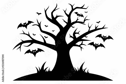 halloween tree line art silhouette vector illustration