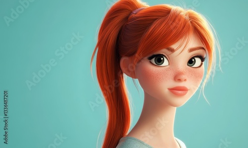 ponytail redhead hair beautiful generic teen girl character portrait, digital painting in 3D cartoon movies style