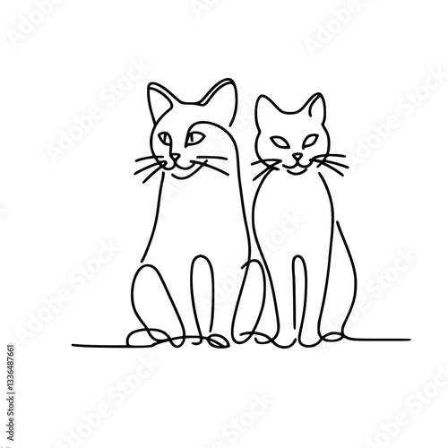 single line vector outline drawing of two cats sitting next to each other