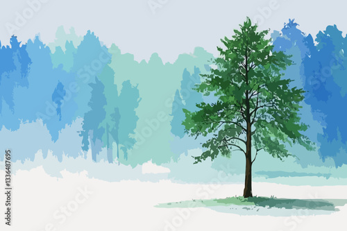 Snowy winter forest with trees and a frozen landscape