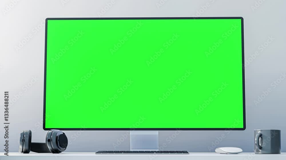 Modern workspace featuring a green screen computer monitor and headphones, A smooth camera movement from a low perspective upward. Modern workspace featuring a green screen computer monitor and headphones, A smooth camera movement from a low perspective upward.