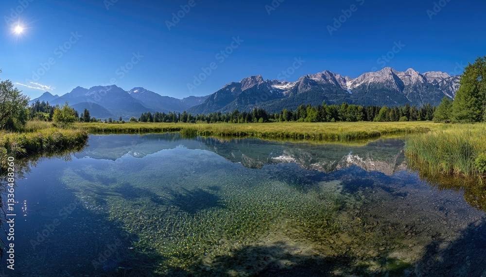 Mountains reflected in a lake under a bright and sunny sky Mountains reflected in a lake under a bright and sunny sky