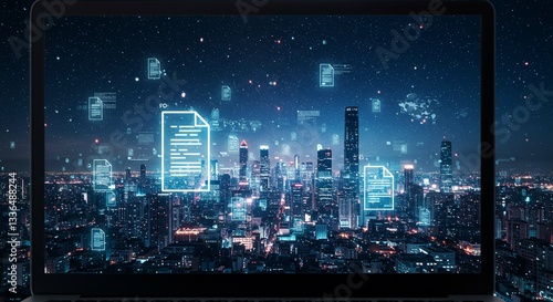 Digital Document Management System Over Night Cityscape on Laptop Screen