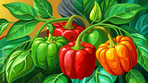 
Close up of Capsicum plant with ripening green fruits. Capsicum is also known as bell pepper, red pepper and green pepper.