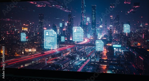 Futuristic Cityscape with Holographic Documents on Laptop Screen at Night