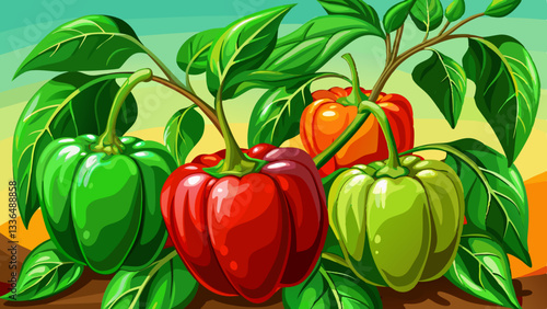 
Close up of Capsicum plant with ripening green fruits. Capsicum is also known as bell pepper, red pepper and green pepper.