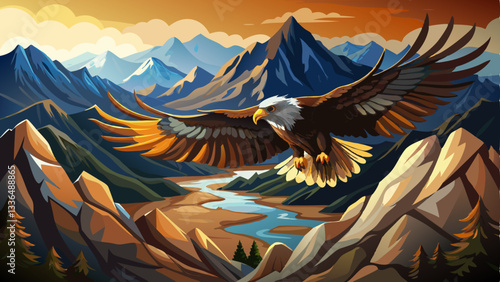 vector of majestic eagle soaring over a rugged mountain range, its wings casting a shadow over the valley far below.