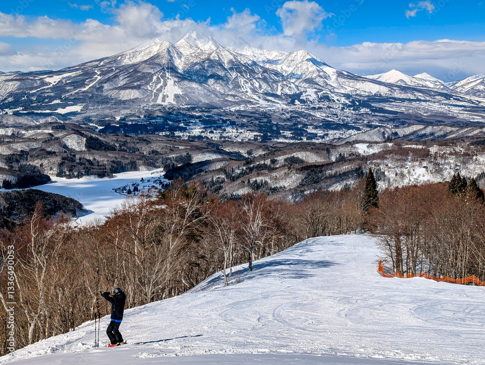 Skier at top of ski slope in snow with spectacular mountain backdrop