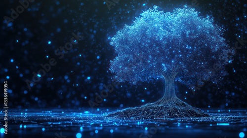 Glowing blue tree with digital roots and particles.