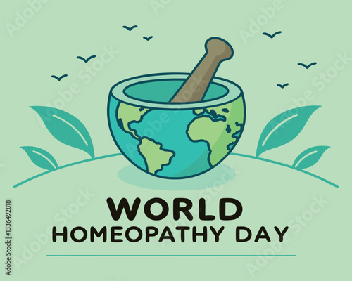 World Homeopathy Day: mortar and pestle shaped as world map with leaves and birds, celebrating global natural medicine.