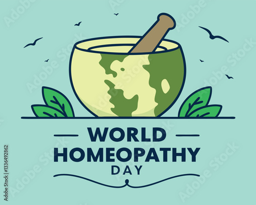 World Homeopathy Day: mortar and pestle shaped as world map with leaves and birds, celebrating global natural medicine.
