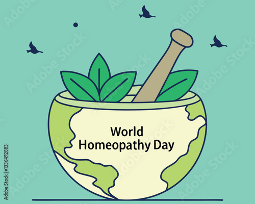 World Homeopathy Day: mortar and pestle shaped as world map with leaves and birds, celebrating global natural medicine.