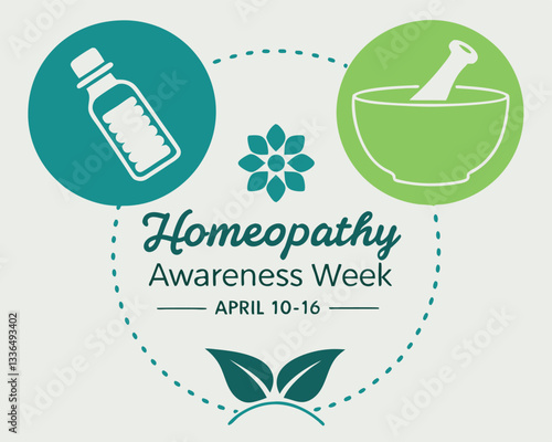 Homeopathy Awareness Week design: featuring symbolic icons of leaves, bottle with cross, and mortar and pestle, April 10-16.