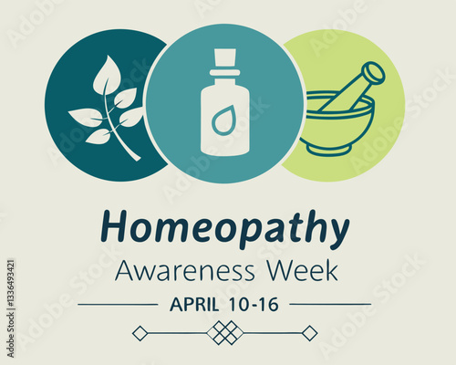Homeopathy Awareness Week design: featuring symbolic icons of leaves, bottle with cross, and mortar and pestle, April 10-16.