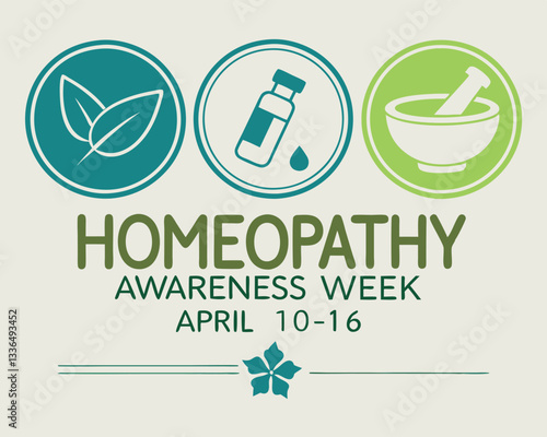 Homeopathy Awareness Week design: featuring symbolic icons of leaves, bottle with cross, and mortar and pestle, April 10-16.