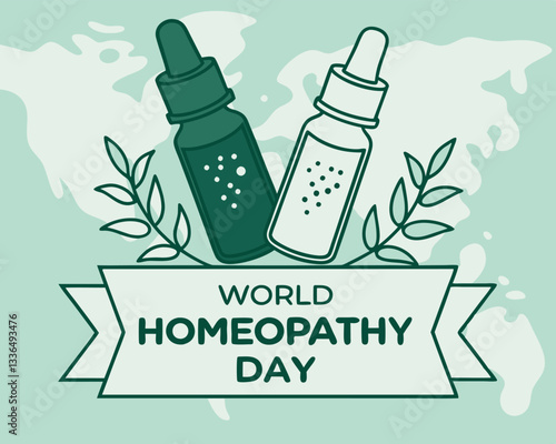 World Homeopathy Day illustration: featuring dropper bottles, leaves, and a world map for natural medicine awareness and celebration.